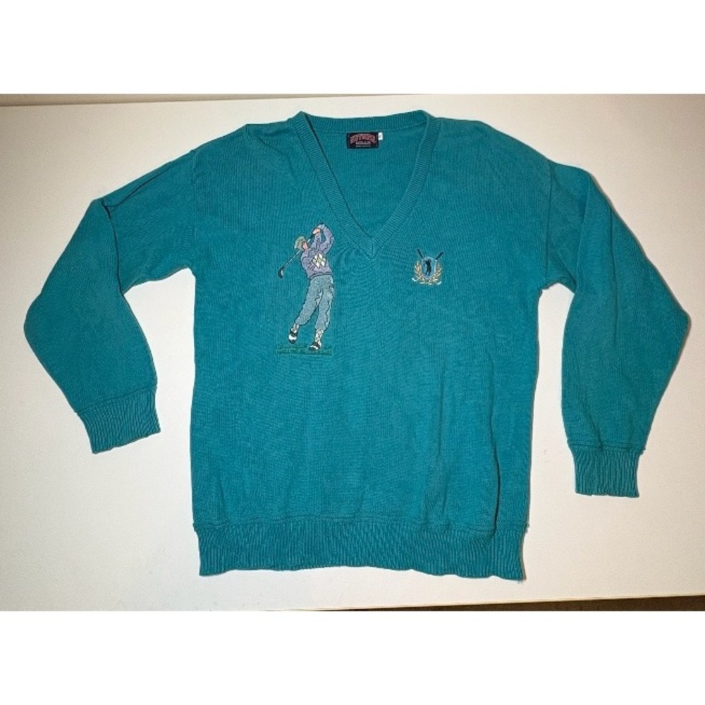 Vintage Nutmeg Mills V Neck Embroidered Sweater | Teal | Large